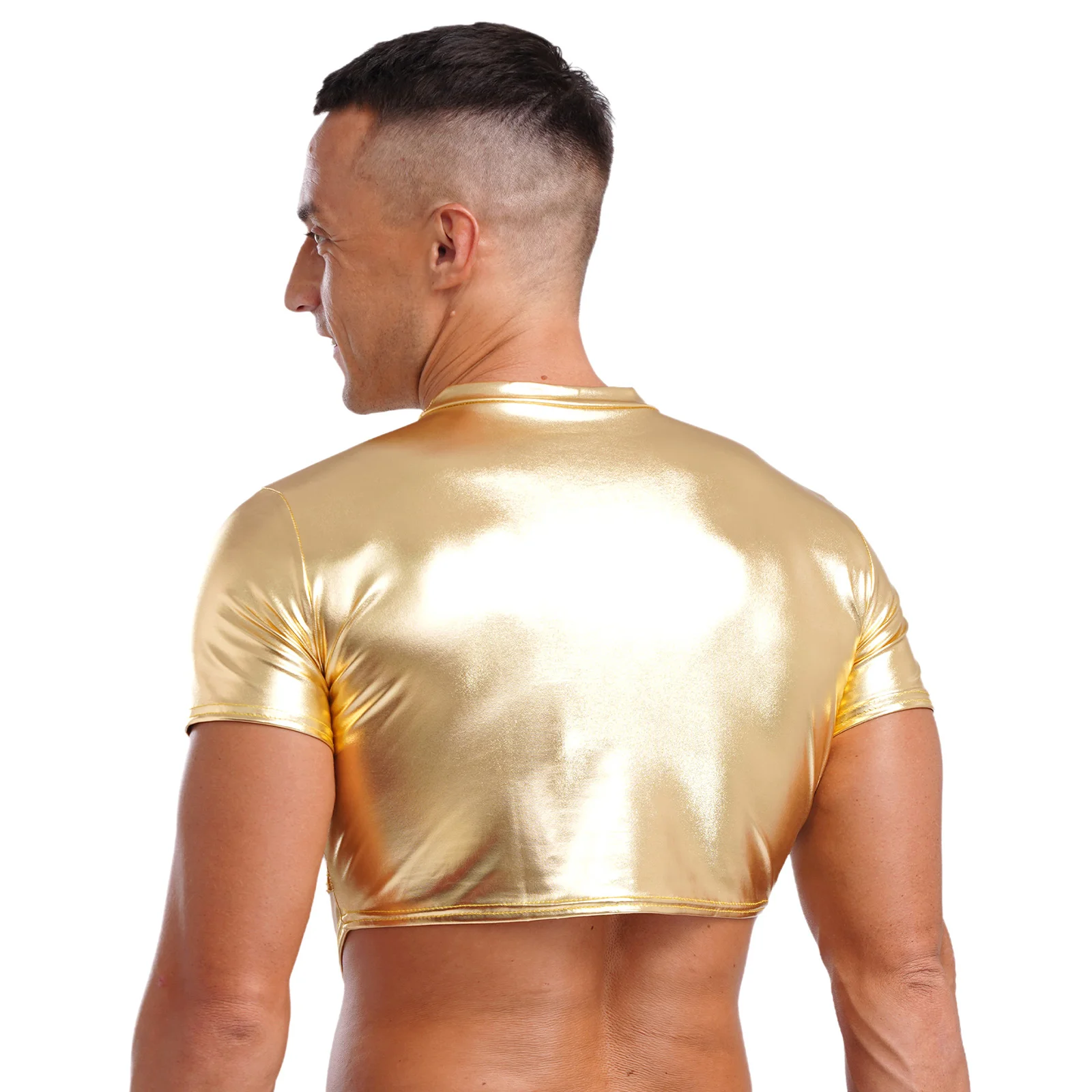 Mens Shiny Tops Holographic Metallic Slim Crop Top Jazz Disco Clubwear Festival Dancewear Cut Out Bodycon Top Blouses Tee Shirt