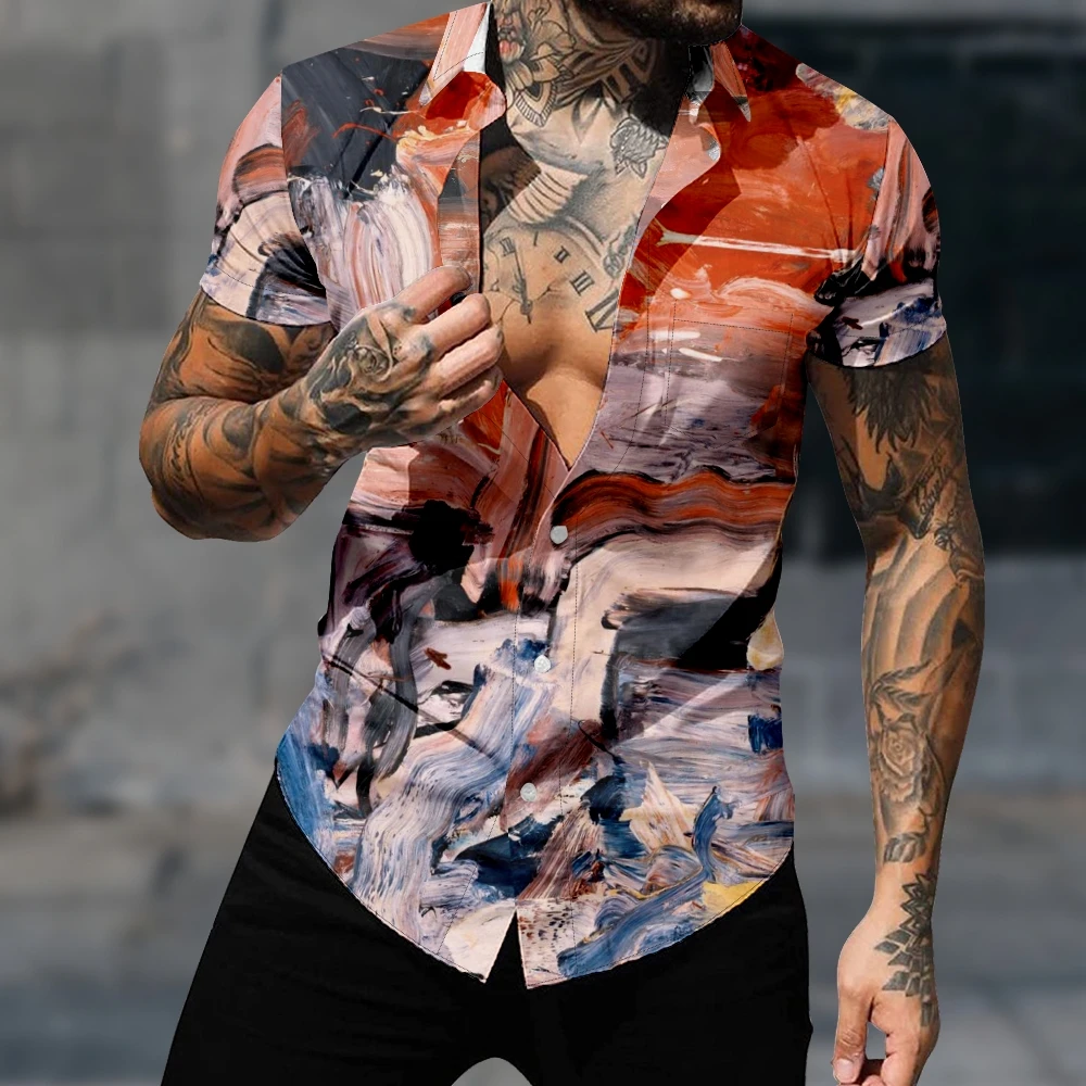 

Men's Fashion Hawaiian Style Oil Painting Pattern Shirt 3D Print Cozy Casual Short Sleeve Beach Oversized Clothes 5