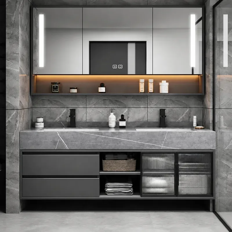 Light Luxury Rock Slab Double Basin Bathroom Cabinet Set Modern Simple Mirror Cabinet Combo Hand Washbasin Washstand