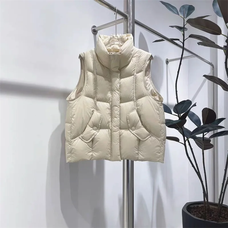 

Новое зимнее модное пуховое пальто, женский жилет с воротником-стойкой, повседневное свободное женское пальто на бретелях, белые пуховые топы без рукавов