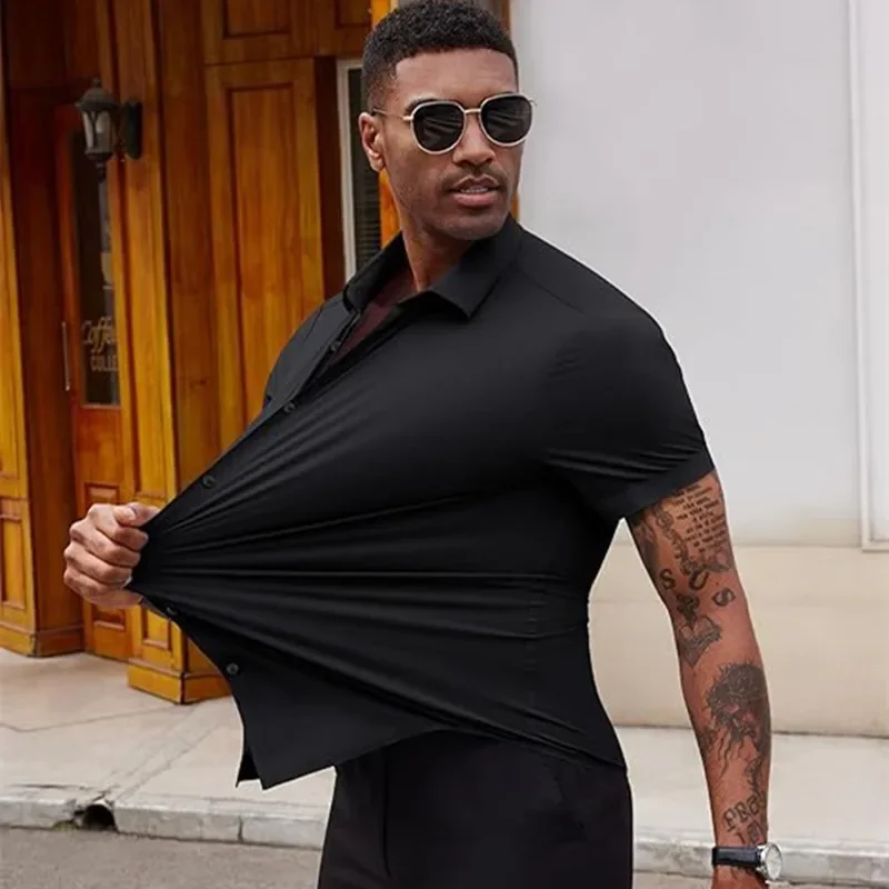 

High Quality Summer Business Shirts For Men Short Sleeve Button Wrinkle Free Elasticity Social Black Office Dress Shirts US Size