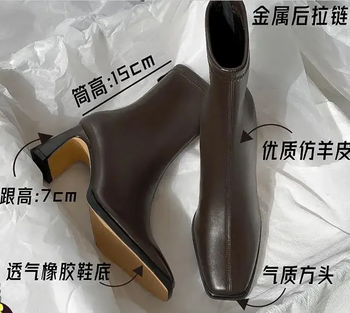 مربع حذاء من الجلد الخريف مريحة لينة جلدية أحذية عالية الكعب المرأة موضة سستة مزاجه بسيط أحذية نسائية