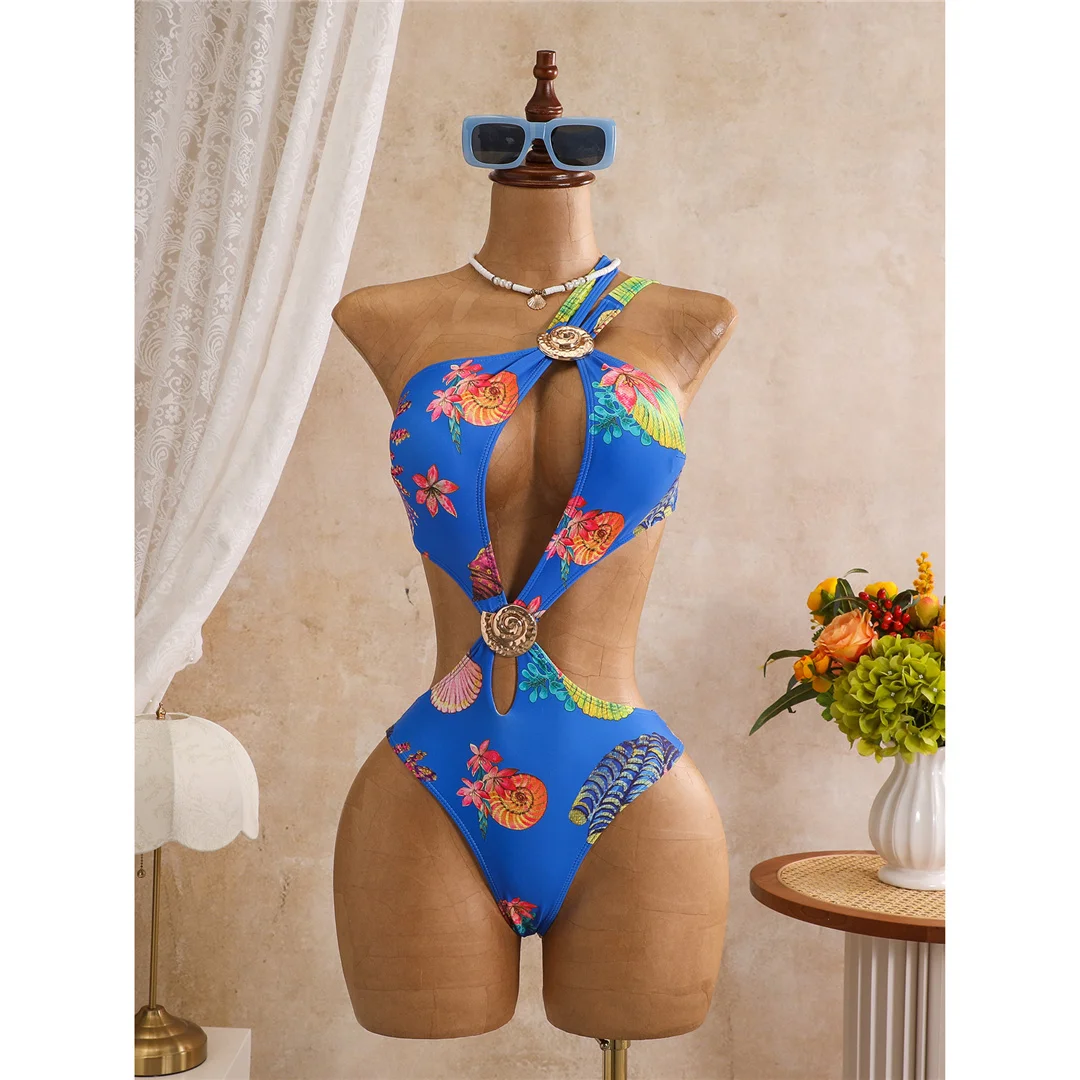 Blumenmuster, asymmetrischer Schnitt, einteiliger Badeanzug für Damen, One-Shoulder-Design, mit Ausschnitten, Monokini, Badebekleidung, Badeanzug, Modell V8370. – Detail 17