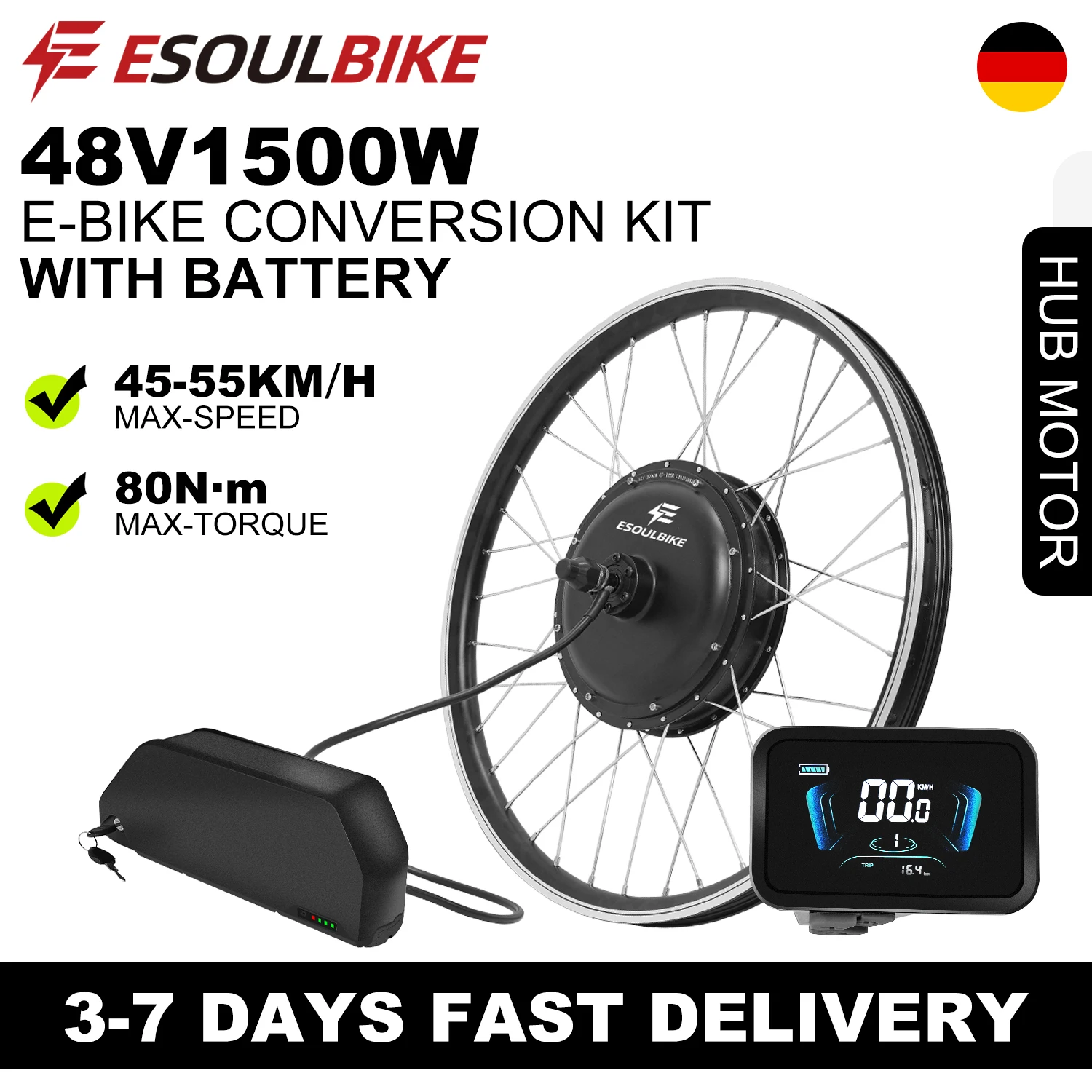 Kit di conversione per e-bike ESOULBIKE 48V 1500W, con motore a mozzo senza spazzole e senza ingranaggi, completo di batteria da 48V 20Ah, per ruote da 26", 27,5", 28", 29" e 700C.
