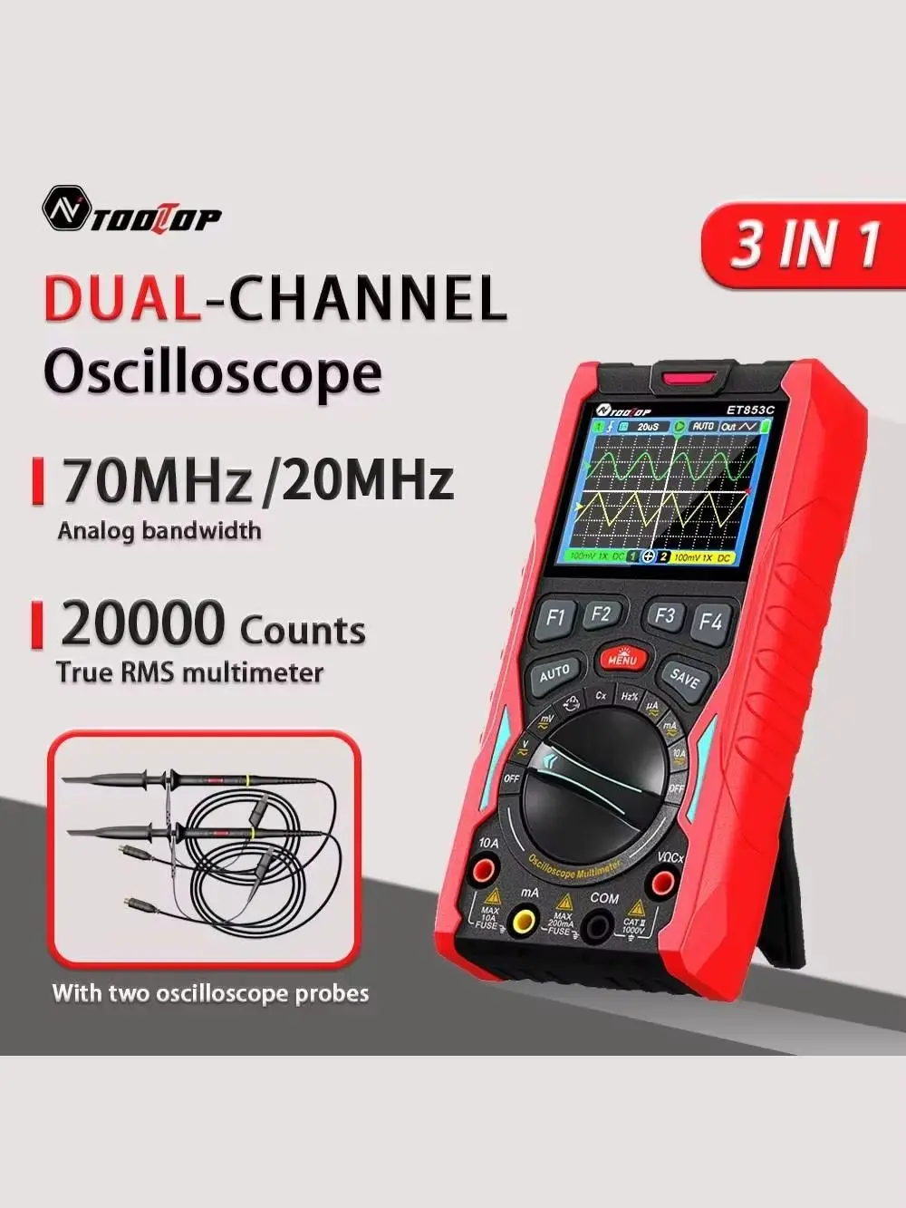TOOLTOP 3-in-1 Digital-Oszilloskop Multimeter Signalgenerator 2-Kanal 70MHz Bandbreite 20000-Zählungen True-RMS Labor Elektrische DIY-Werkzeuge