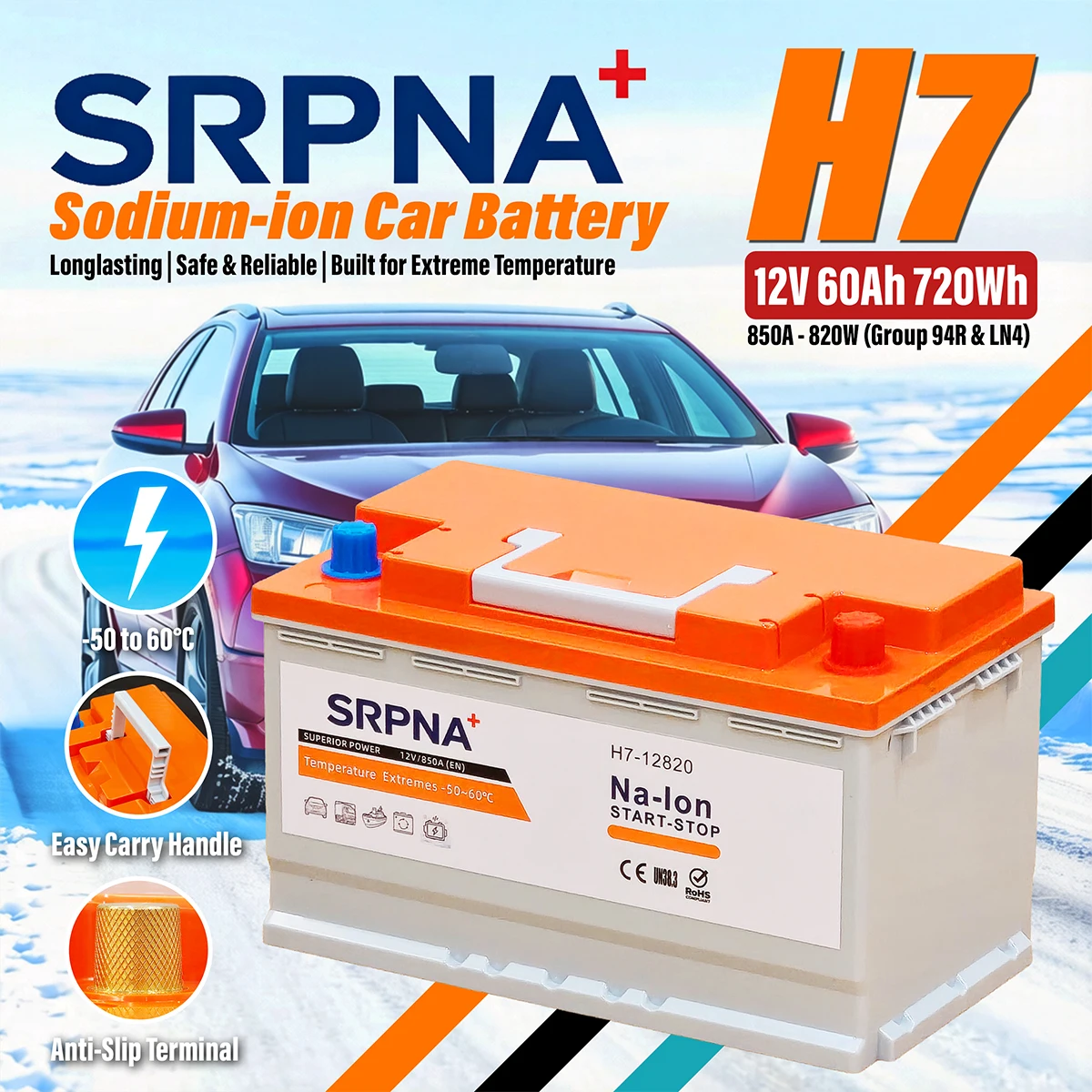 H7 (Group 94R & LN4) Sodium Ion Battery | 12V | 60Ah | 720Wh | 850A | 820W | Stable Operation from -50 to 80°C, Safe, No Fire