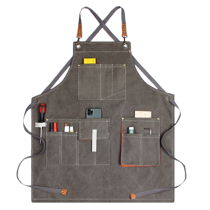 Canvas Work Apron Cooking Kitchen Aprons with Tool Adjustable Straps Pockets for Men Woman Chef Waiter BBQ Hairdresser