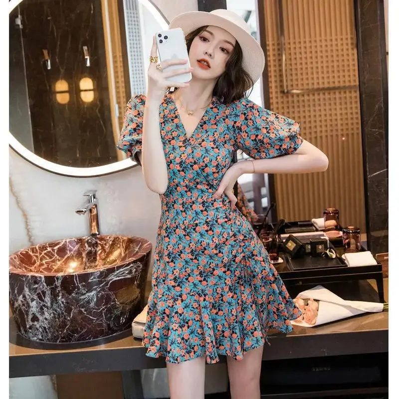 Summer Floral Dress New Korean Small Design First Love Dress Bubble Sleeve Fashion Knee-Length Dress Super Fairy Thin Skirt