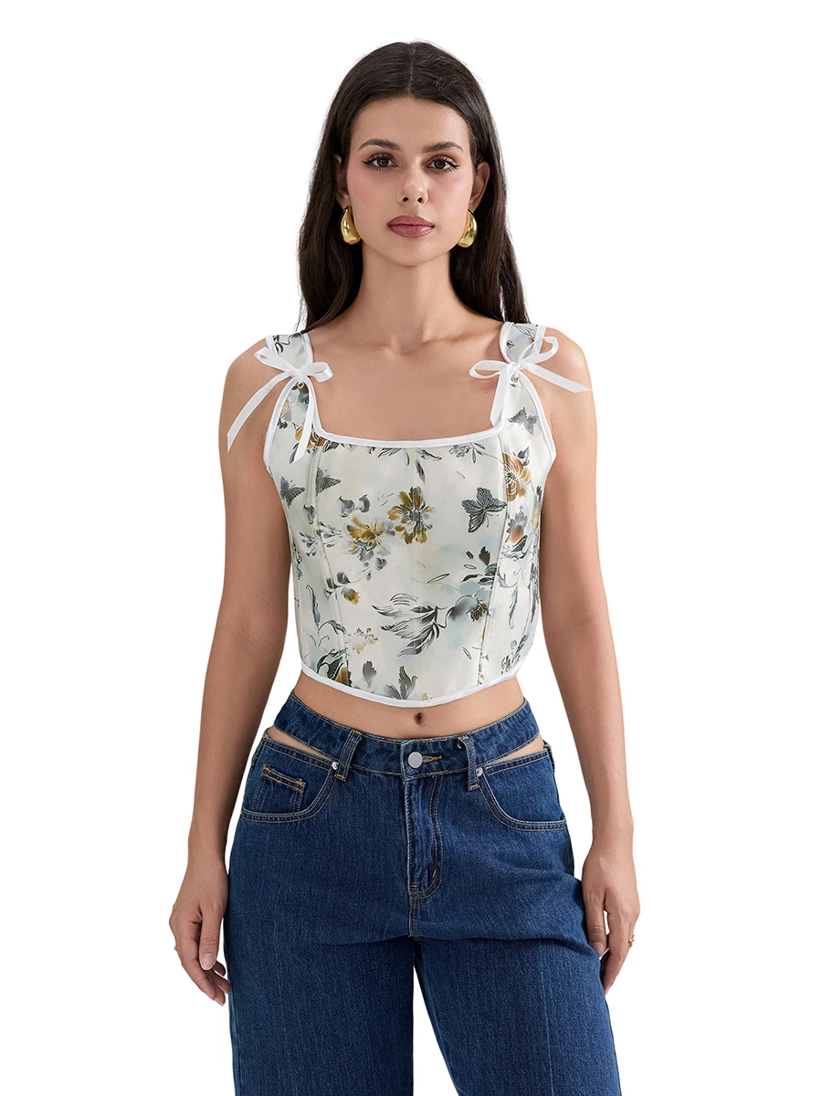 Dames Crop Hemdje Bloemenprint Vierkante Hals Stropdas Rug Mouwloze Korset Tops Voor Feestclub