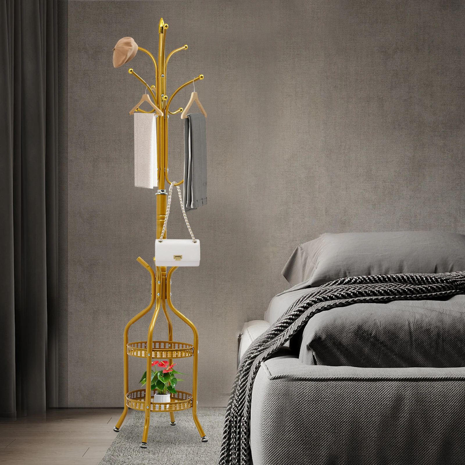 

2-слойная круглая вешалка для одежды с крючками, прочная металлическая вешалка для одежды, многофункциональная золотая вешалка для одежды для прихожей, прихожей