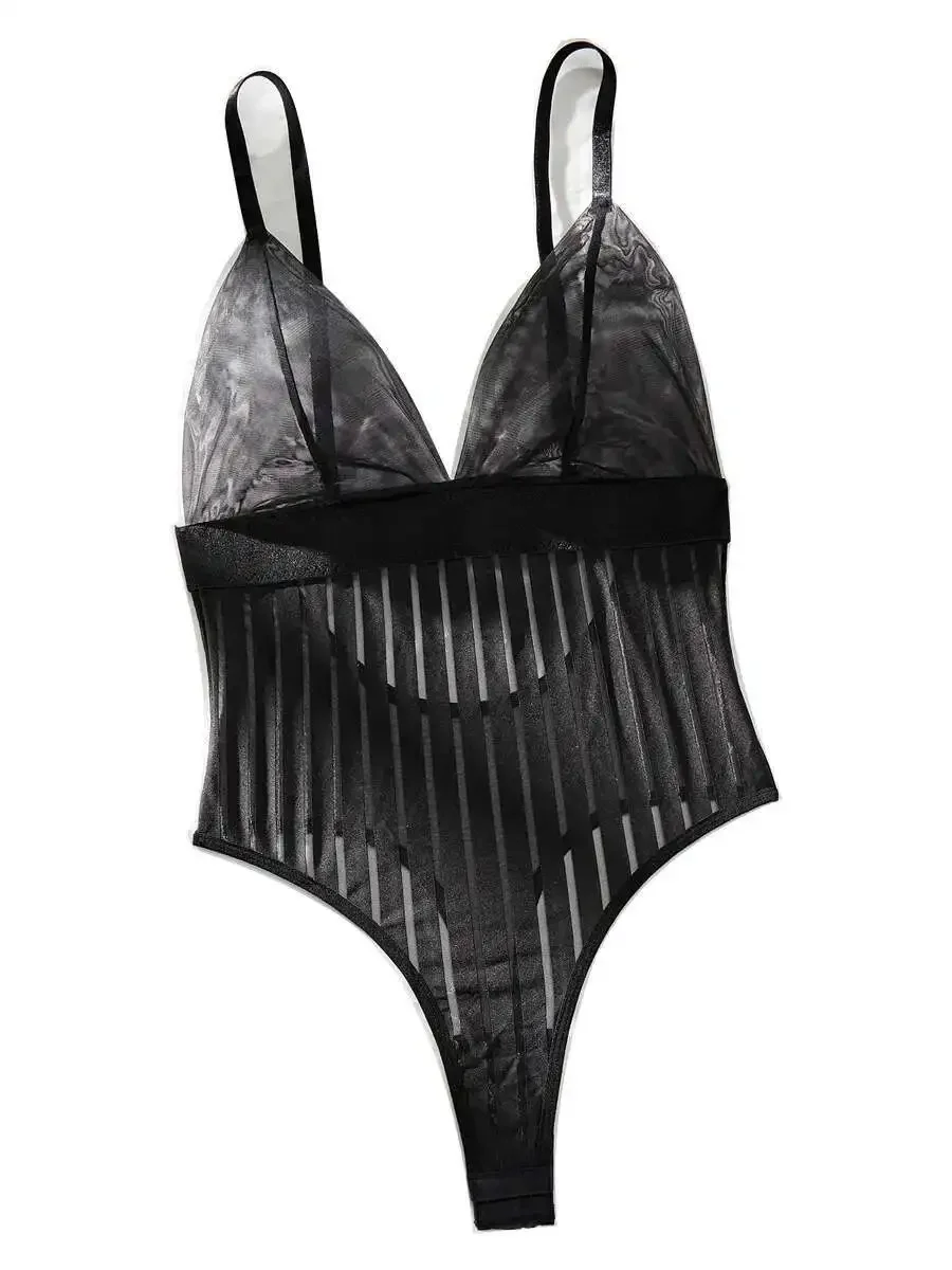Sexy Dessous, gestreift, halbtransparent, Netzspleißen, sexy, tiefer V-Hosenträger, rückenfrei, ärmellos, Bodys, bezaubernd, schön, 2 USD
