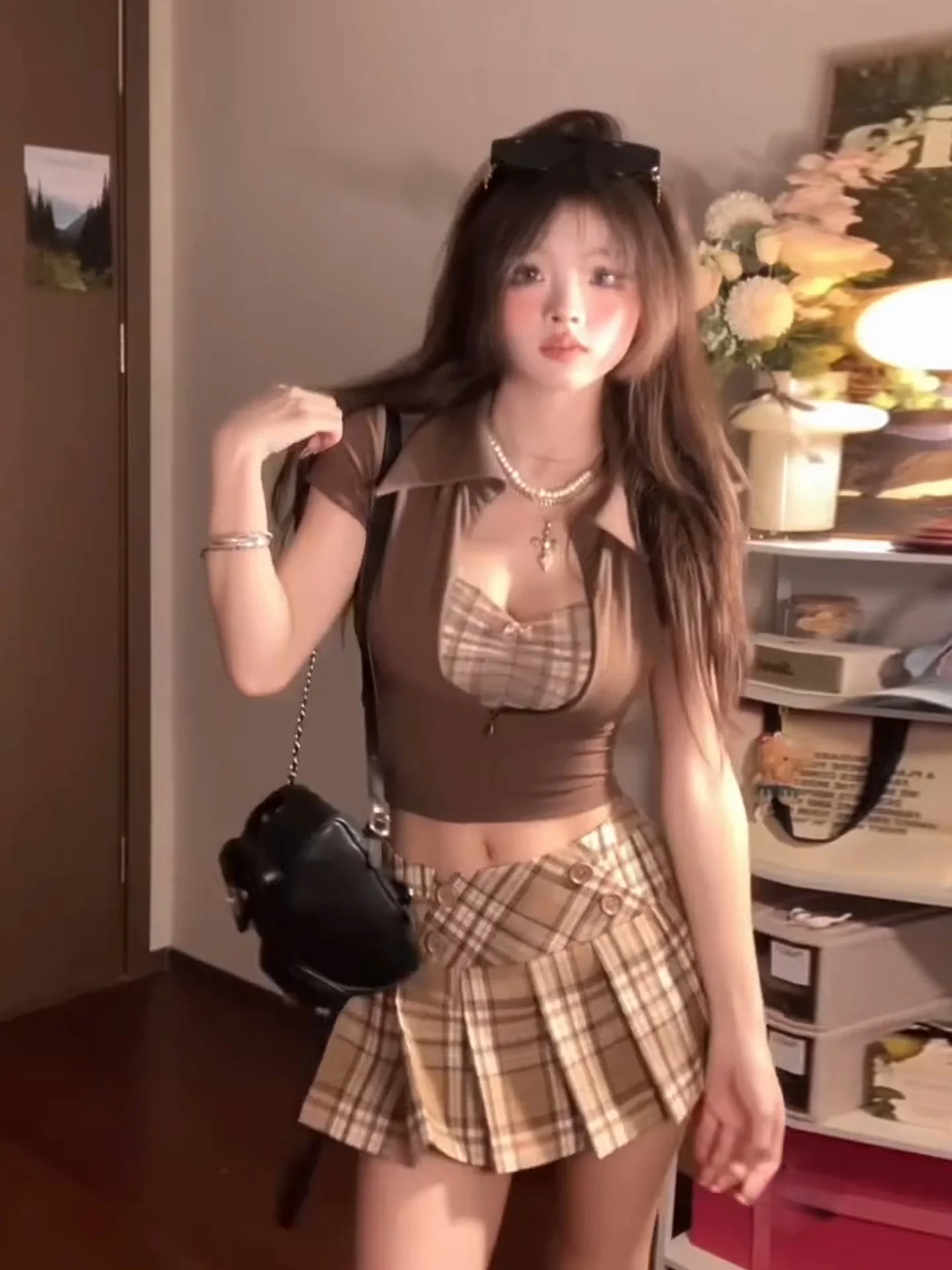 

XZY Summer High Waist Plaid Dr And Skirt Set Women's plus Size Retro Sle Patchwork ort Sve Clothing Set