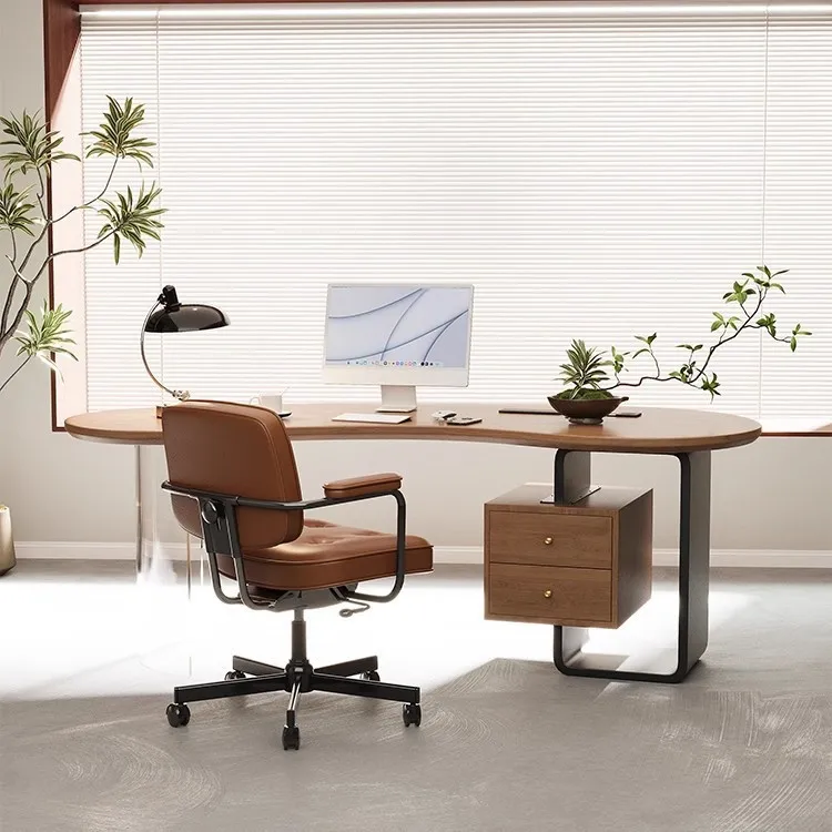 Meja komputer kayu solid, meja kerja melengkung minimalis modern