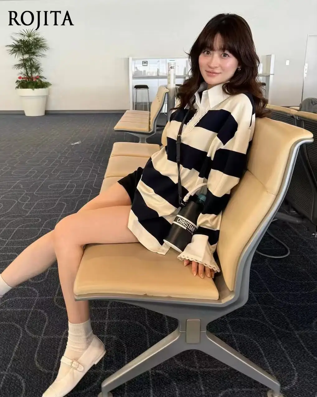Japanese Lace Polo Collar Striped Top Loose Navy Blue Mid-Length Long Sleeve T-Shirt Womens Tops Spring Autumn