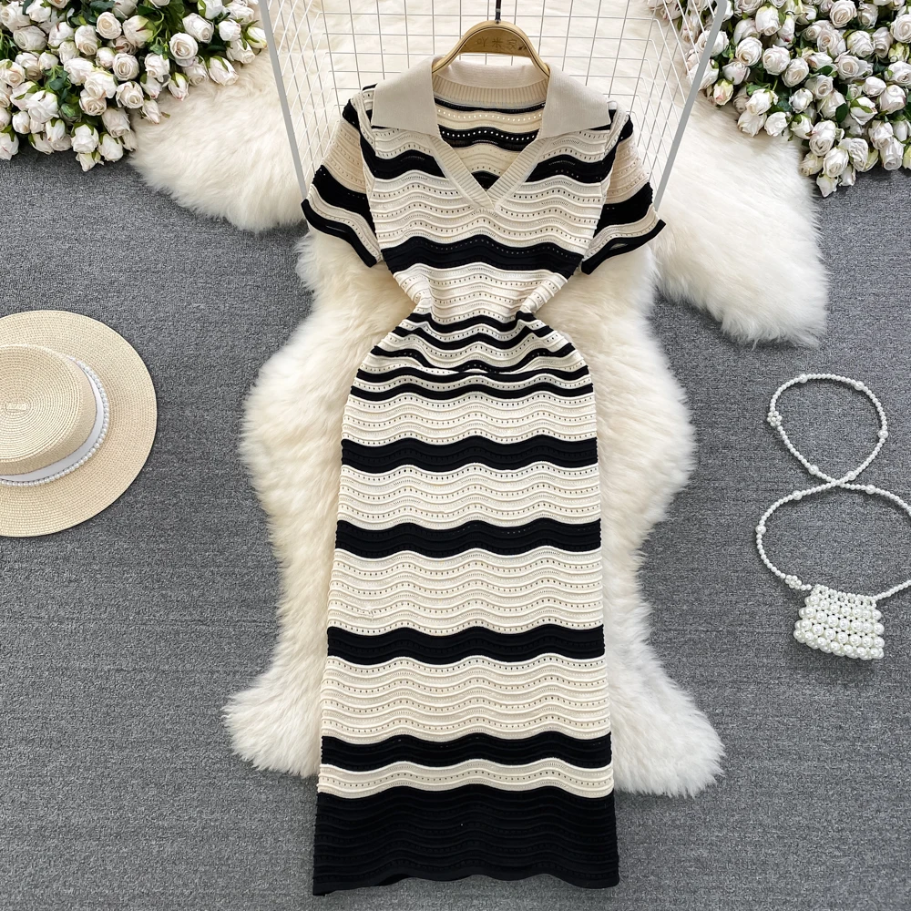 REALEFT Summer Vintage Striped Women\'s Kniited Dresses 2024 New Hollow Out Short Sleeve Polo V-Neck Elegant A-Line Dress Female