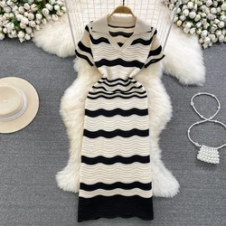 REALEFT Summer Vintage Striped Women's Kniited Dresses 2024 New Hollow Out Short Sleeve Polo V-Neck Elegant A-Line Dress Female