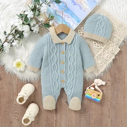 Baby Romper Knit Newborn Boy Girl Jumpsuit Long Sleeve Autumn Foot Wrap Infant Child Clothes Hat 2pcs Fashion 0-9M Overalls Warm