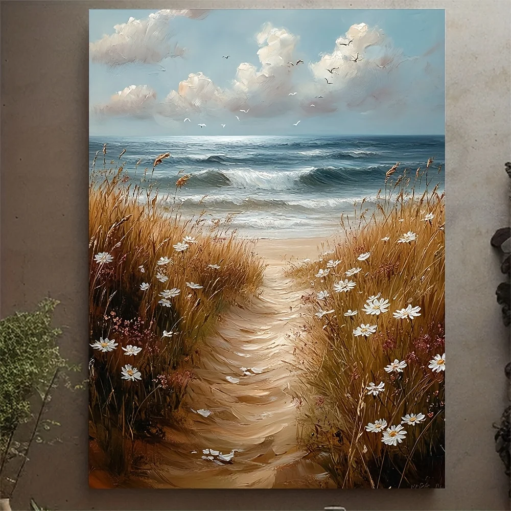 (No frame)2D Flat, 2D Flat, 2D Flat 1pc, [2D Flat] with Frame, 12X16Inch Coastal Wildflower Beach Path Canvas Wall Art, Soft