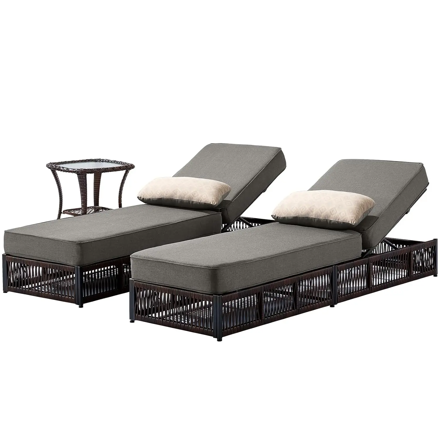 Luxury Outdoor Chaise Lounge Chairs of 2 with 5 Inch Thick Cushions and Side Table - 3 PCS High Back Brown Wicker Rattan Patio