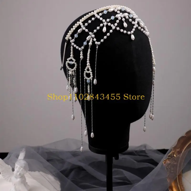 

49MC Eye Catching Faux Pearls Wedding Hair Chain Comfortable Headbands Headpiece For Bridal Party And Prom Occasion