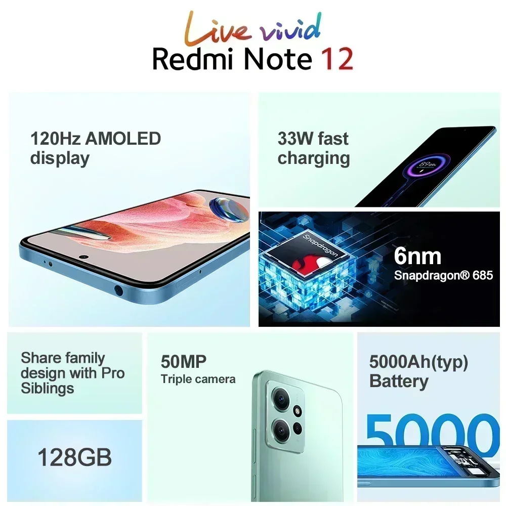 Xiaomi-Smartphone Redmi Note 12, versión Global, 120Hz, AMOLED, Snapdragon®Cámara de 50MP de carga rápida 685, 33W, batería de 5000mAh