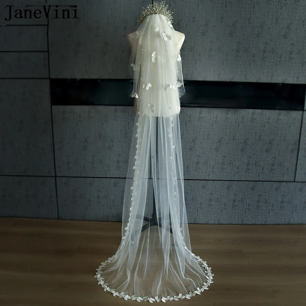 

JaneVini White/Ivory Butterfly Bride Wedding Veils with Comb Pearl Two Layers Tulle Long Lace Bridal Veils Accessories na ślub