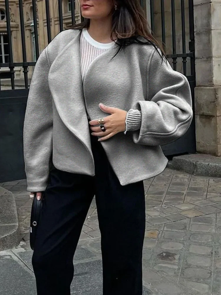 TARUXY Woolen Cardigan Jacket Women\'s Scalloped Unbuttoned Thickened Short Coat Solid Color Elegant Fall Winter New Outwear Lady