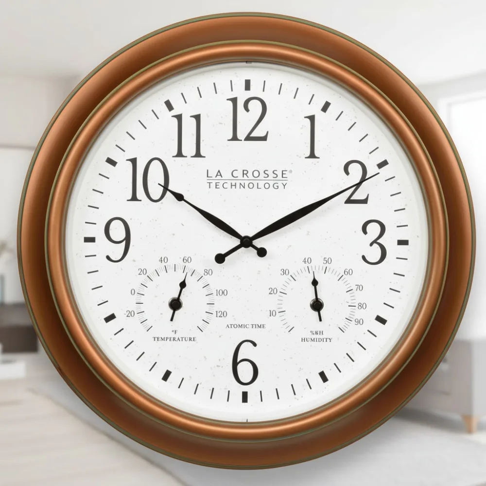 

18-Inch Antique Copper Atomic Wall Clock with Temperature & Humidity Display for Indoor Outdoor Use