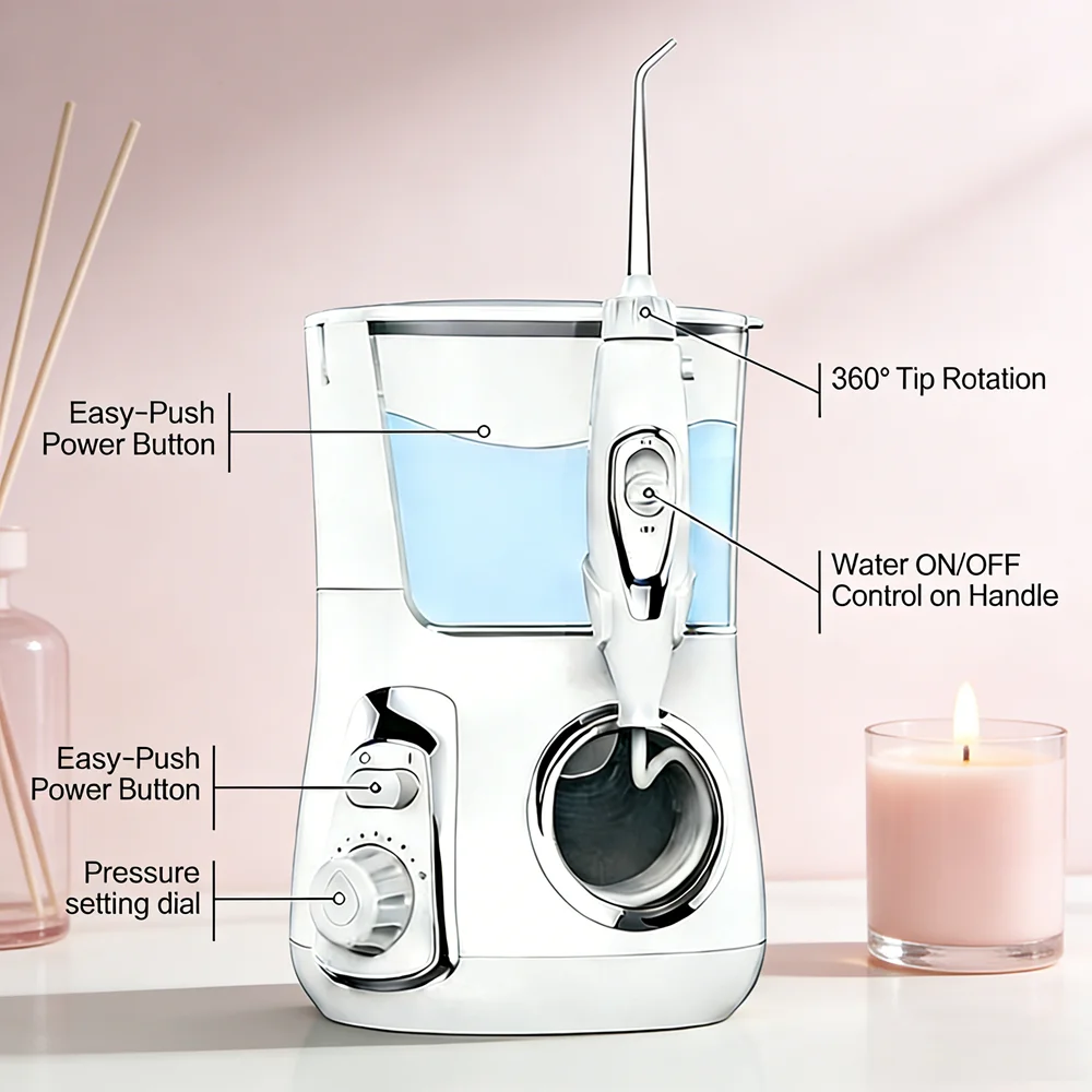 

Электрический ирригатор для полости рта 800 мл с 10 режимами и 5 насадками, настольный, для свежего дыхания и защиты от кариеса