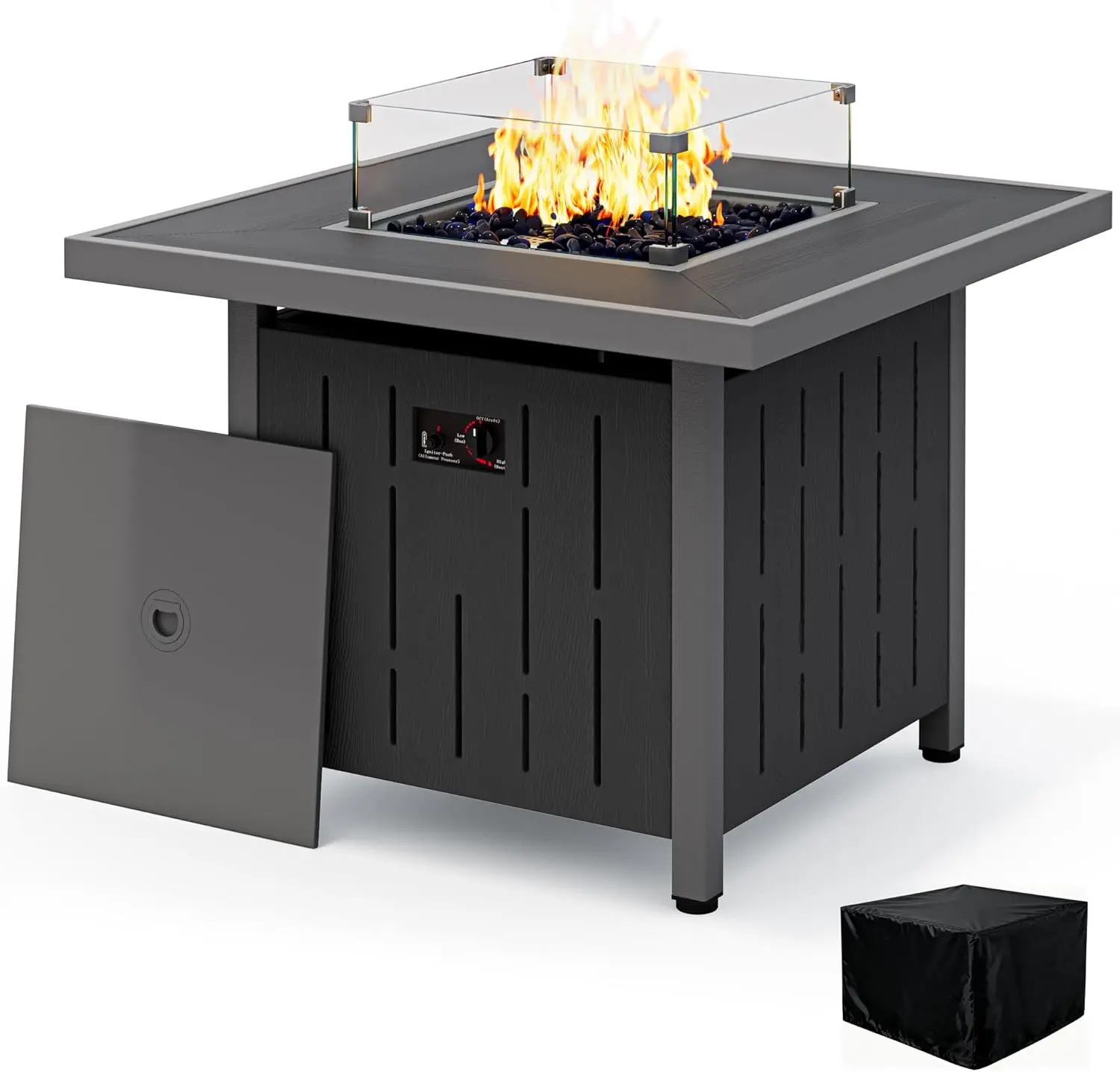 Outdoor Patio Fire Pit, HDPE Material, Black Color, 50,000 BTU with Lid and Wind Guard