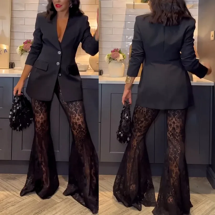 

Women Spring Summer Trouser Set Pants Set V Neck Long Sleeve Button Pockets Wide Leg Pants Casual Fashion Comfortable Regular