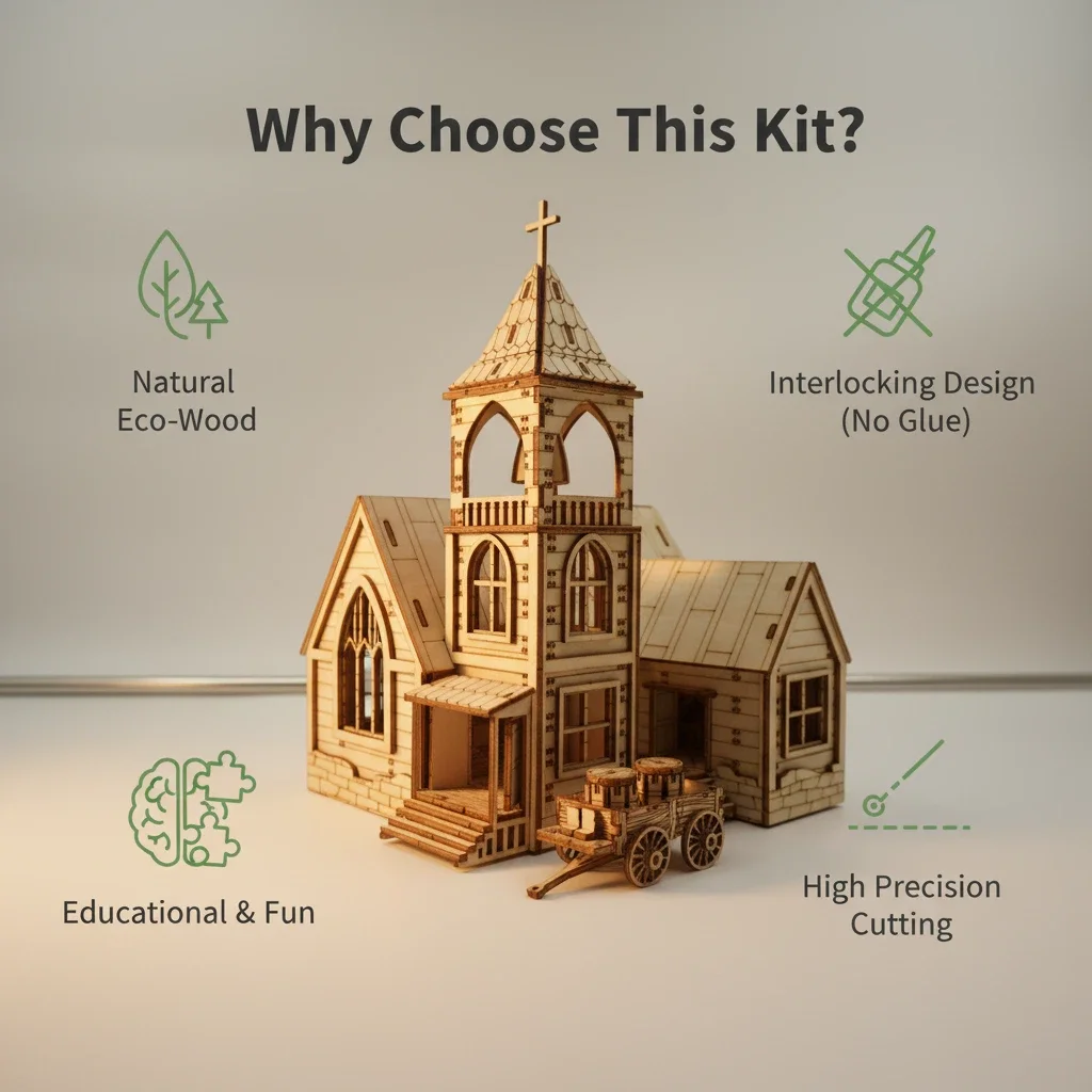 ชุด DIY ไม้ 3 มิติ “หมู่บ้านชนบท” ของ OUZEY, โมเดลบ้านจิ๋วและโบสถ์, ของตกแต่งโต๊ะสำหรับทุกเพศทุกวัย