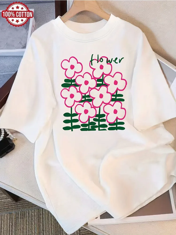 

Женская повседневная футболка с короткими рукавами, хлопковый топ свободного кроя с круглым вырезом, удобная повседневная одежда с мультяшным цветочным принтом