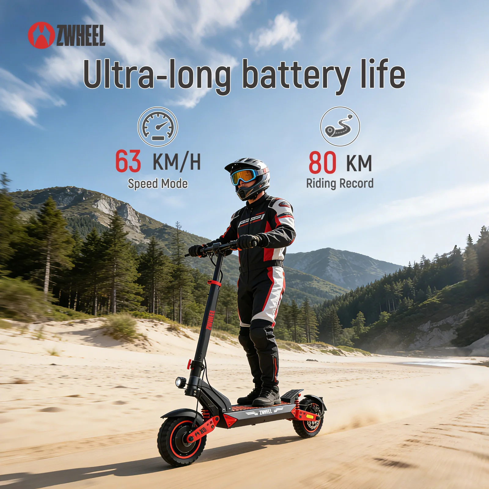 ZWHEEL D3 X5(ZSB2) Elektroroller für Erwachsene, zwei 1200-W-Motoren, 48V 20Ah Batterie, 80 km Reichweite, 63 km/h Höchstgeschwindigkeit, 10-Zoll-Reifen, intelligentes LCD-Display & App, Stoßdämpfer