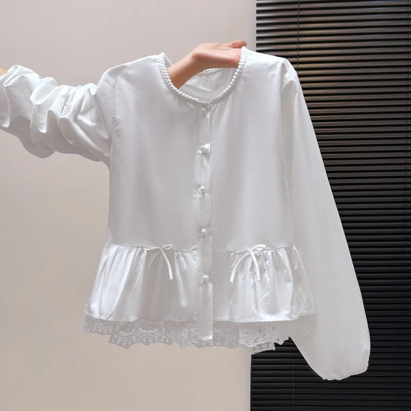

Spring 2026 French Style Long Sleeve Lace Patchwork Shirt Women's Fashion Design Sensation Elegant Casual Loose Fit Top