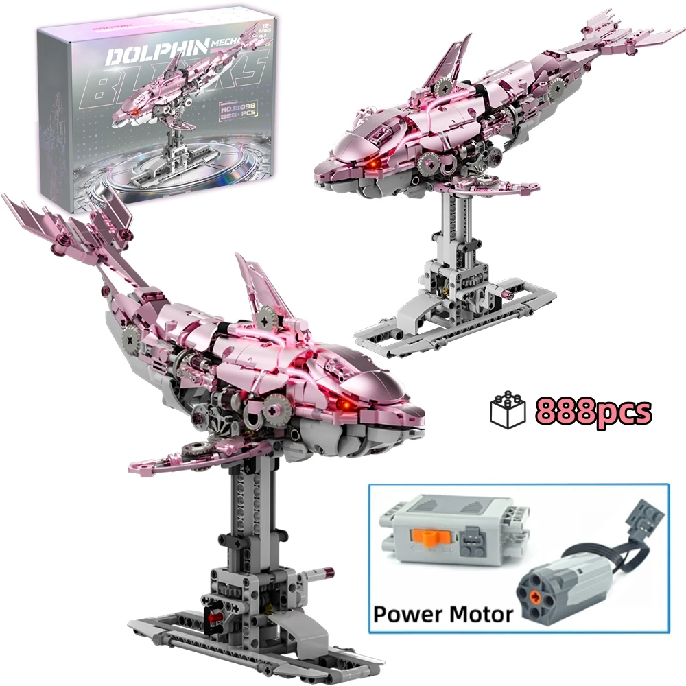 

Technical Pink Dolphin Building Blocks 888pcs Mechanical Ocean Animal Model Gear Linkage MOC Bricks With Light Creative Toy Gift