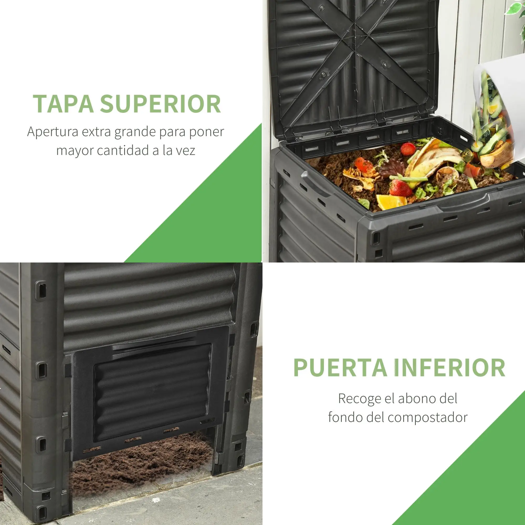 Contenedor de Compostaje de 300L Negro de PP con 48 Ventilaciones y Válvula de Descarga, 60.5X60.5X81.5 cm para Jardín
