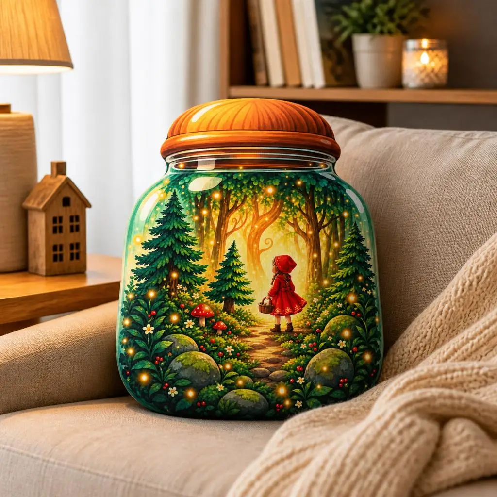 Enchanted Forest Glass Jar Shaped Pillow Magical Woodland Cushion Fairy Tale Throw Pillow Stuffed Home Decor Gift for Couch