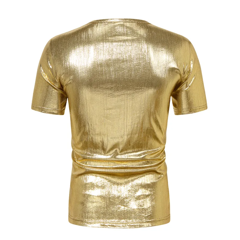 Mens Slim Fit Short Sleeve T Shirt Hipster Gold Bronzing Metallic Tee Shirt Homme 70s Disco Nightclub Party T-shirts Tops S-XXL