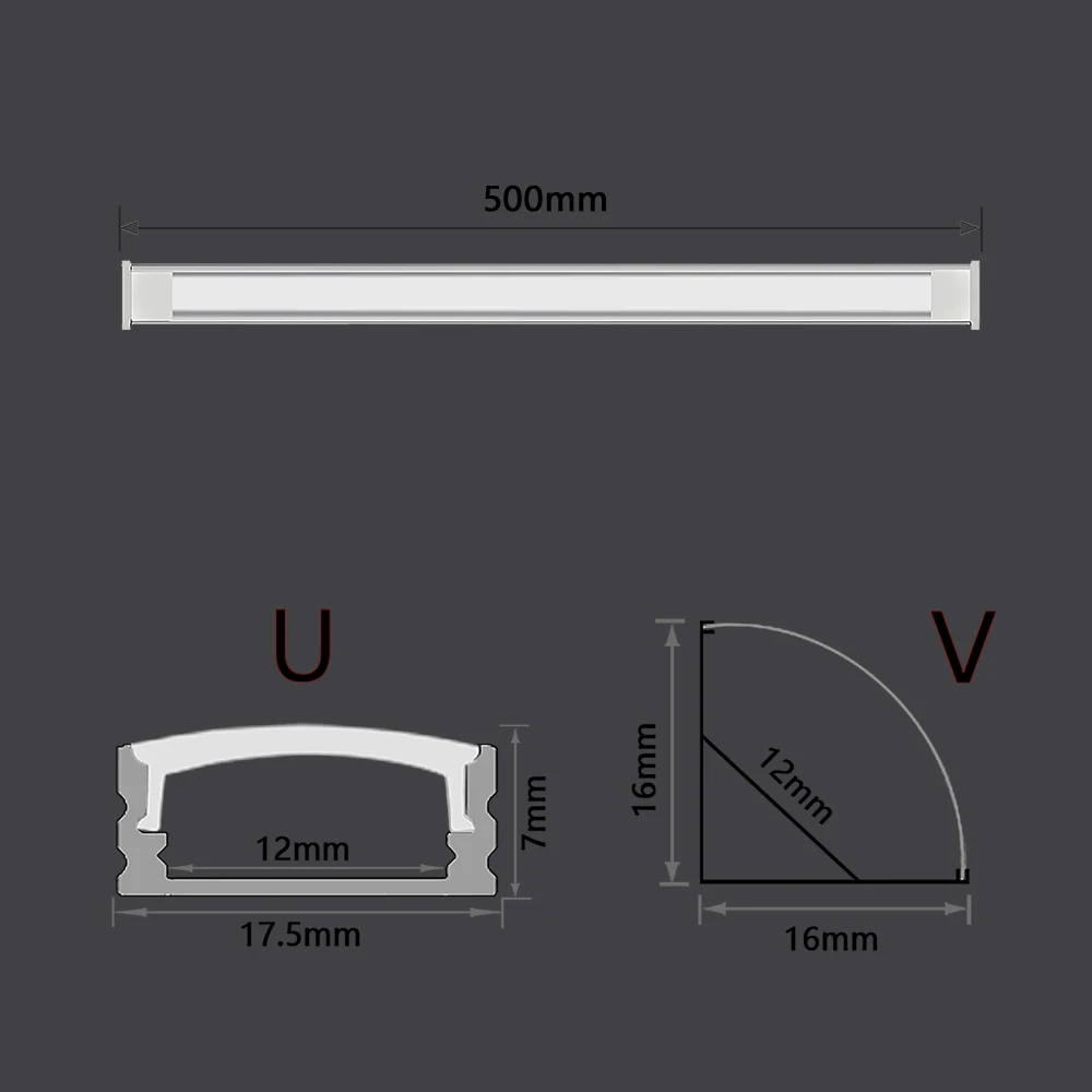 Copertura nera 3-30 pezzi/pacco Profilo in alluminio LED 0,5 m/pezzo Forma U/V Adatto per alloggiamento per strisce luminose a LED da 8-12 mm Canale led