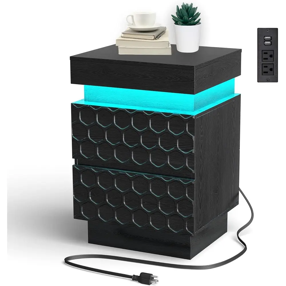 

Hexagonal Sliding Top Nightstand with Charging Station, Wooden Bedside Table for Bedroom and Living Room, Black