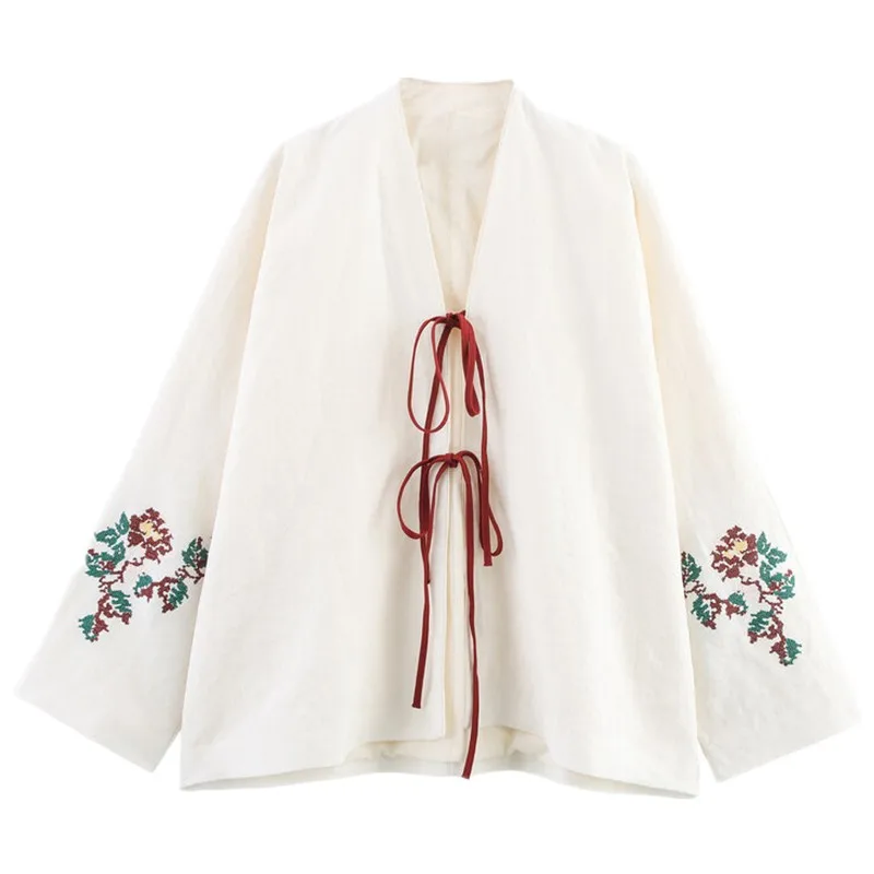 Nouveau Été 2025 femmes Faion lin Long Sve noeud brodé décoré vêtements d'extérieur coupe ample v-ne ceinturé