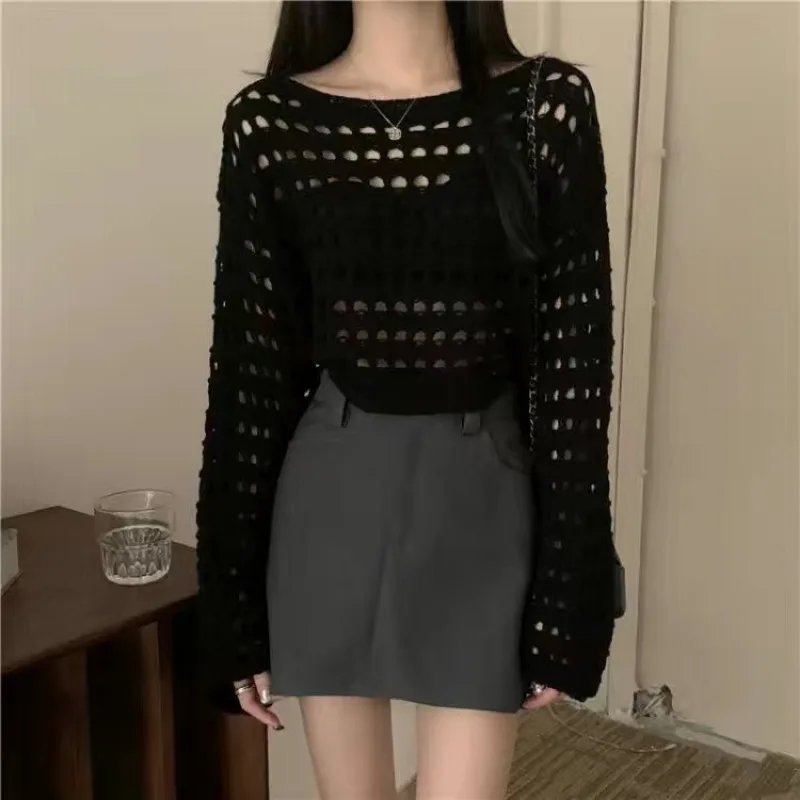 Women Crochet Knit Hollow Out Crop Top Long Sleeve Shrug Sweater Mesh Cover Ups Cardigan Streetwear Pullover Women Clothes Y2k