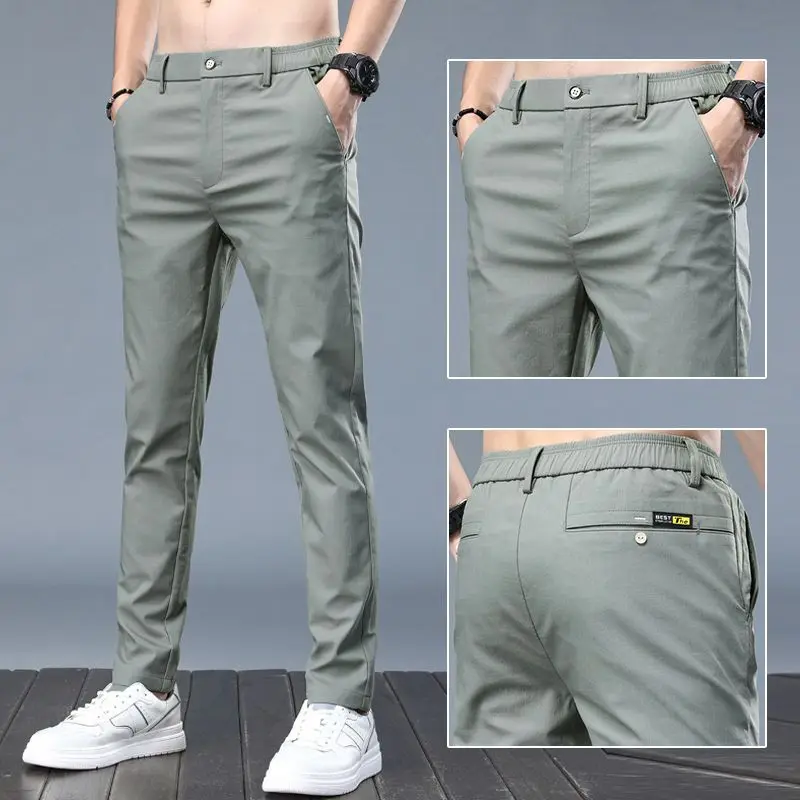 Spring Summer New Slim Fit Thin Casual Straight Suit Pants Men Solid Button Zipper Pockets Daily Korean Versatile Full Trousers