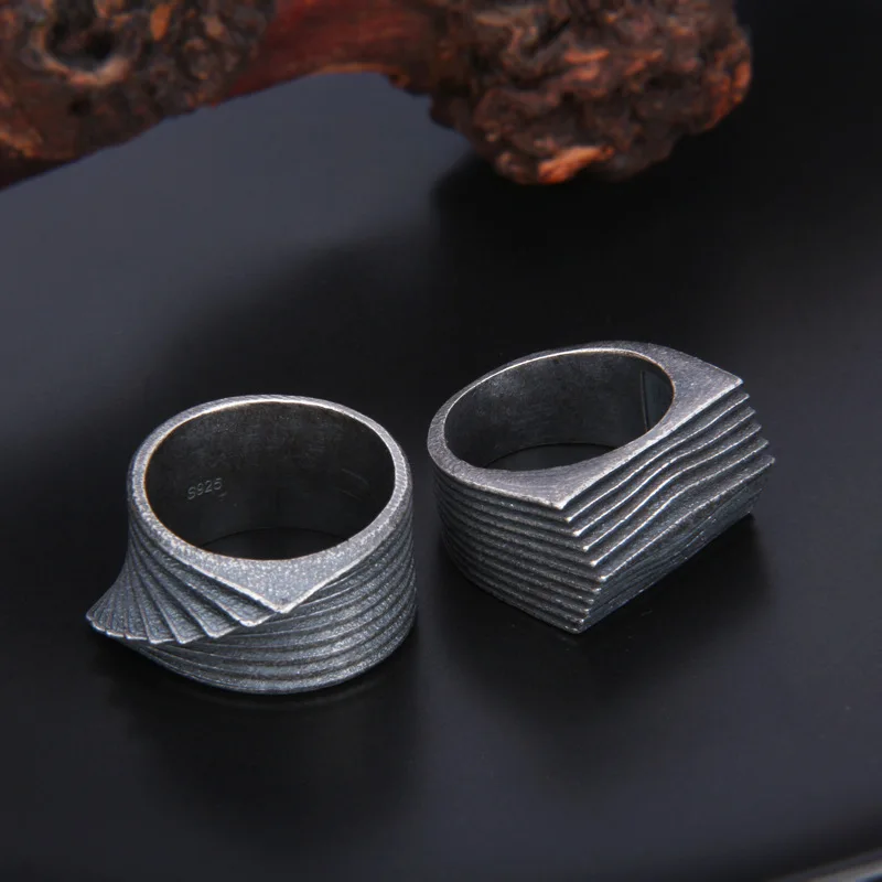 BOCAI NewS925 Irregular Stripe Ring Tide Brand To Do Old Retro European And American Hip-hop Dark Hipster Personality