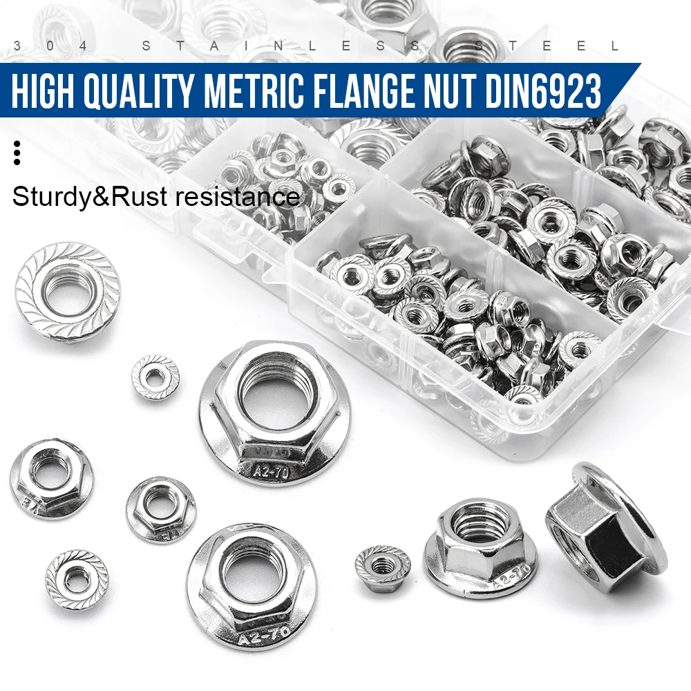 NINDEJIN-Kit de sortimento de porcas de flange hexagonal, aço inoxidável Metric Flange Nuts Set, M3, M4, M5, M6, M8, M10, M12, DIN6923, 192 peças