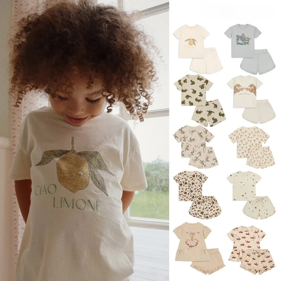 

2026 New KS Summer Baby Boys Print Short Sleeve T Shirts Shorts Sets Kids Cotton Clothes Girls Princess T-shirts Homewear Suits