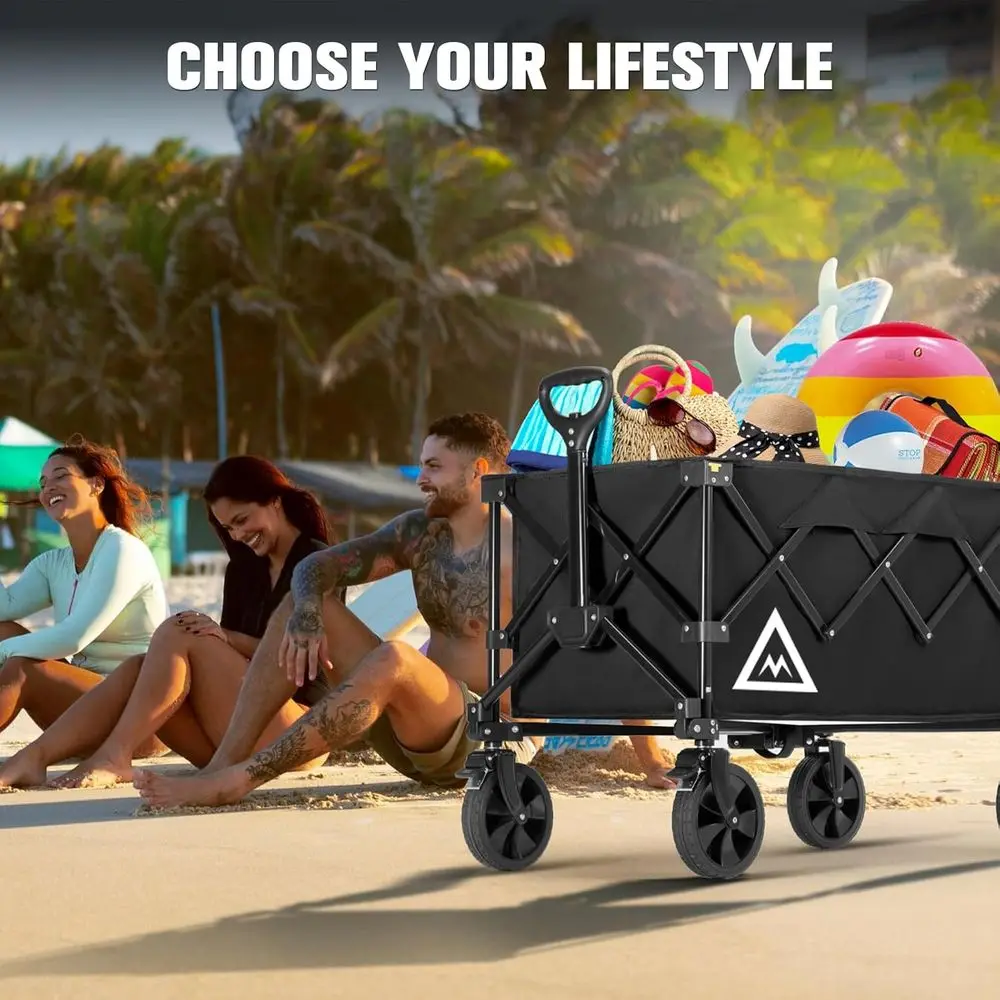 عربة أدوات محمولة شديدة التحمل قابلة للطي مع عجلات كبيرة للشاطئ والحديقة والبقالة والتخييم والرياضات الخارجية باللون الأسود