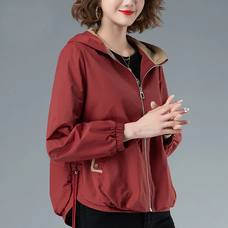 2023 New Women\'s Jacket Causal Short Hooded Windbreaker Famale Basic Coat Long Sleeve Zipper Loose Outwear Women Clothing