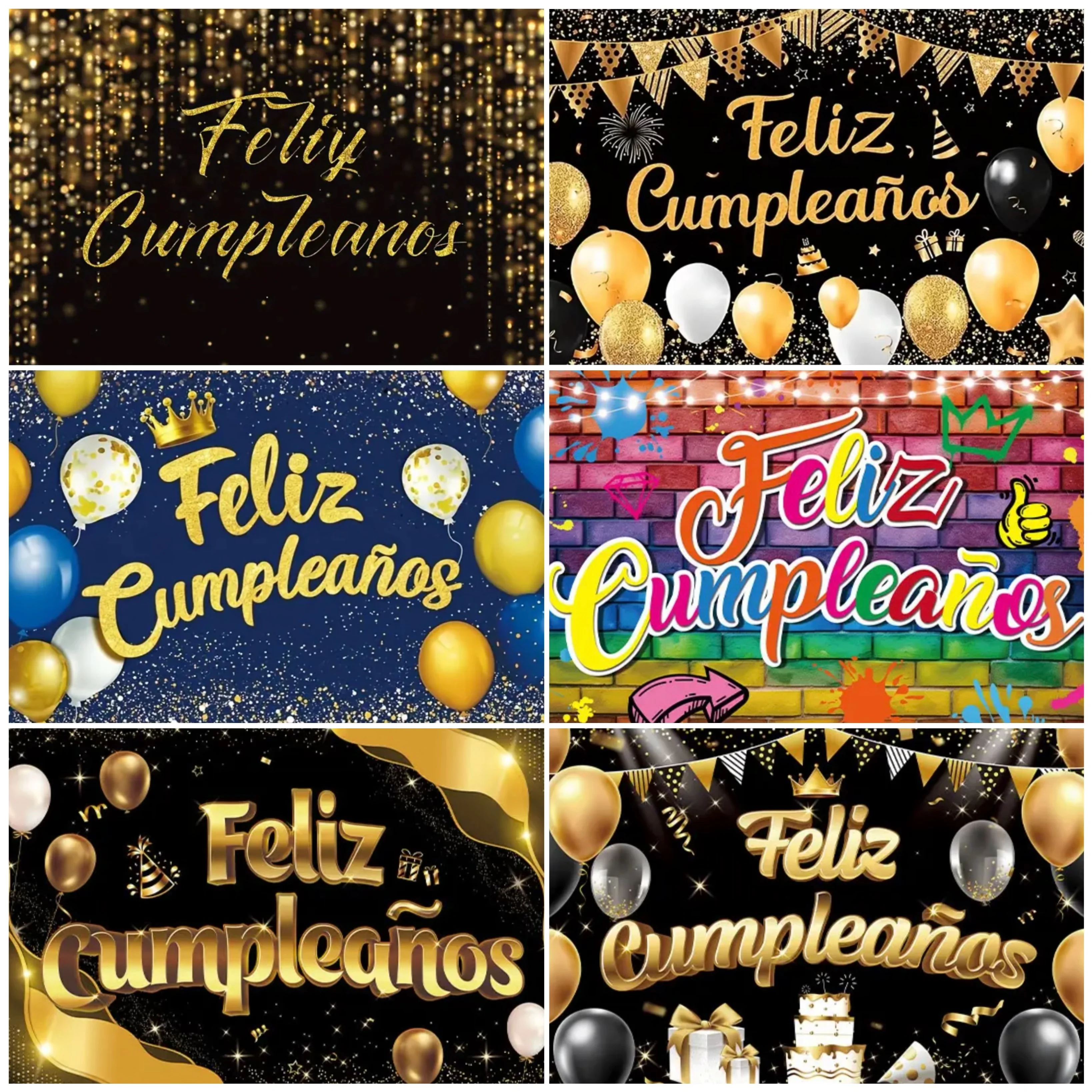 Black Gold Feliz cumpleaños Backdrops Birthday Gold Glitter Balloon Party Decor Spanish Kids Baby Shower Adult Anniversary Age